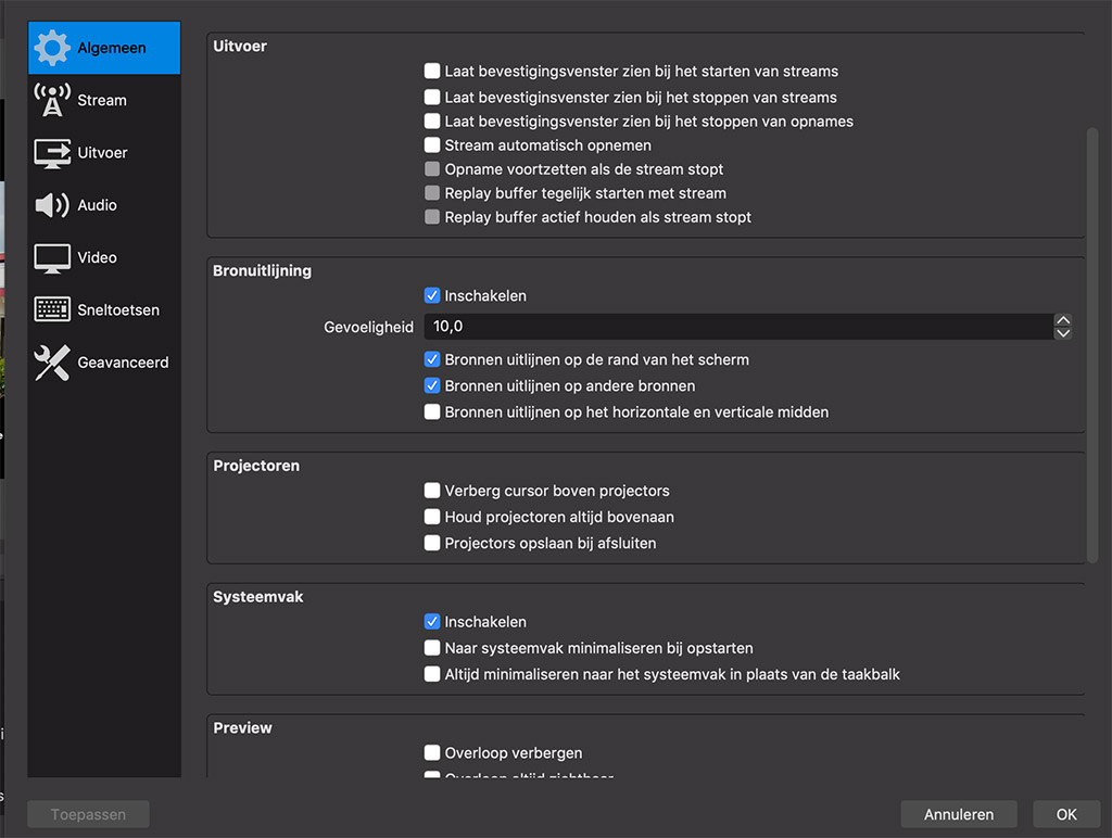 Instellingen OBS studio